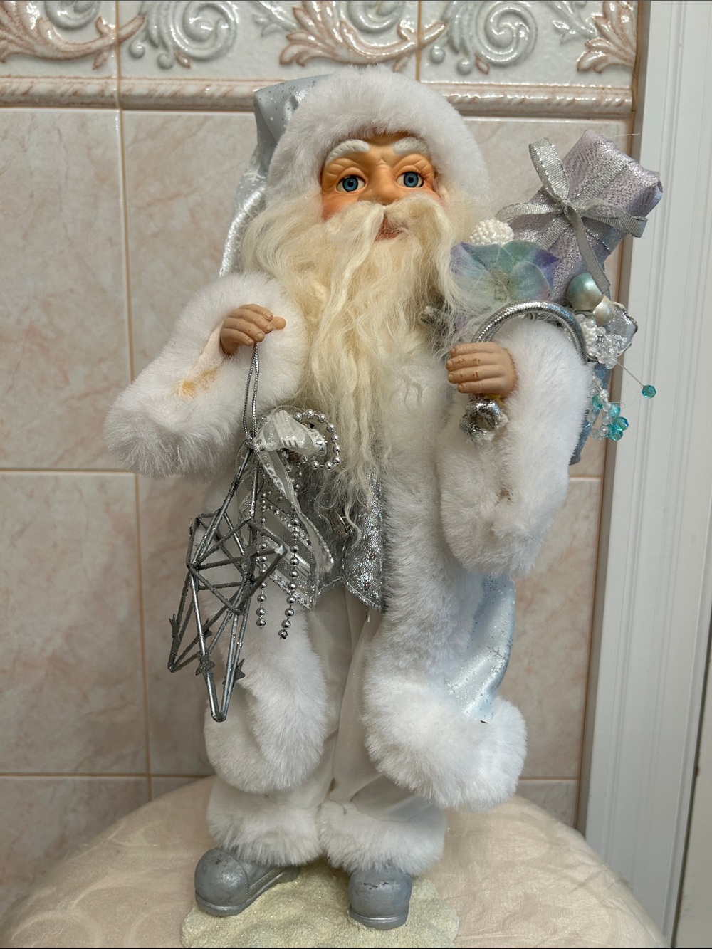 Festive White Santa Figurine with Silver Accents - Holiday Home Decor